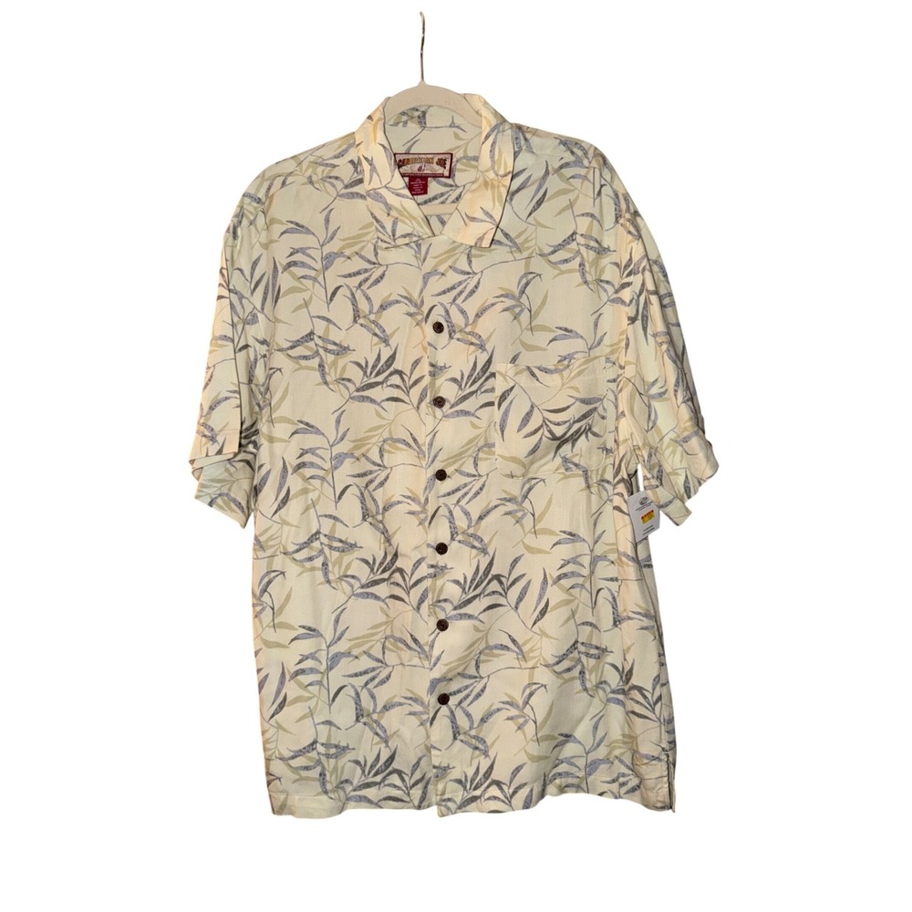 Caribbean Joe Mens XL Button Up Shirt Short Sleeve Bamboo Leaf Print Relaxed Fit